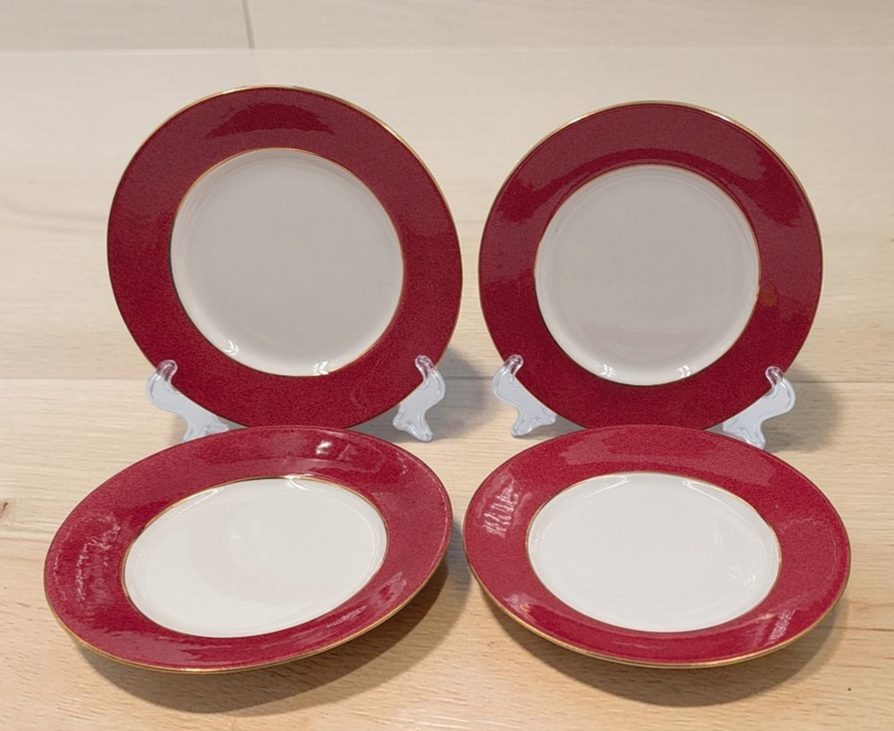 Nikko Riviera Red Bread Plates 6 3/8" Ironstone Japan Gold Trim Set of 4